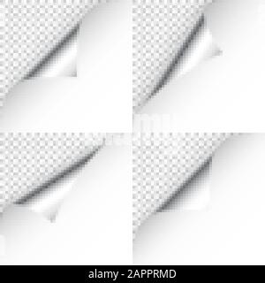 Realistic silver curled page corner set. Greeting card design element. Blank sheet of paper. Vector illustration. Stock Vector