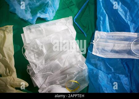 supply of face masks and medical disposable equipment ppe Stock Photo