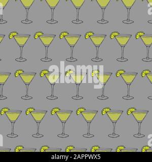 Daiquiri Cocktail seamless pattern. Hand drawing sketch outlines on grey background can be printed on textile, wallpaper, wrapping paper, greeting cards, used in logo, banner, landing page. Vector Illustration. EPS10 Stock Vector