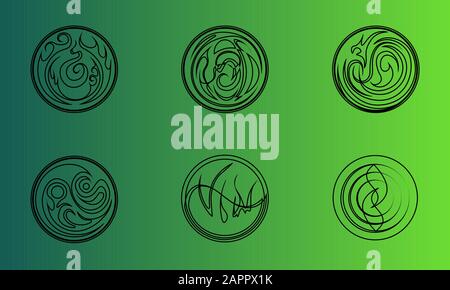 Black contour abstract icons with flames, waves, grass and dragon Stock Vector