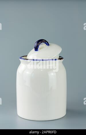 White porcelain jar in vintage style storage spice.Selective focus with shallow depth of field. Stock Photo