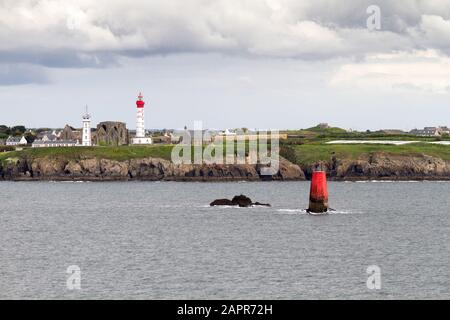 The pointe Saint-Mathieu (Lok Mazé in Breton) is a headland located near Le Conquet in the territory of the commune of Plougonvelin in France. Around Stock Photo