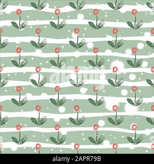 Seamless floral pattern with hand drawn simple flower. Textured pattern with small red flower. Vector Illustration Stock Vector