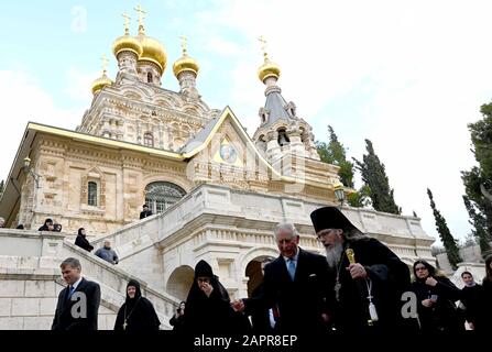 The Prince of Wales during a visit to the Church of Mary Magdalene on the Mount of Olives in East Jerusalem on the second day of his trip to Israel and the occupied Palestinian territories. PA Photo. Picture date: Friday January 24, 2020. See PA story ROYAL Charles. Photo credit should read: Neil Hall/PA Wire Stock Photo