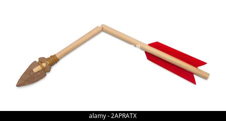 Broken Arrow with Red Feathers and Stone Arrowhead Isolated on White. Stock Photo