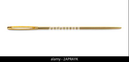 Single Gold Sewing Needle Isolated on White Background. Stock Photo