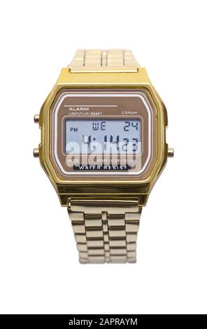 Gold Digital Wristwatch Cut Out on White. Stock Photo