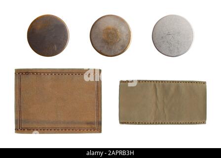 Blue Jean Tags and Buttons Isolated on White Background. Stock Photo