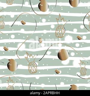 Seamless golden pineapple pattern on dark background. Repeating exotic pineapple pattern. Vector Illustration Stock Vector