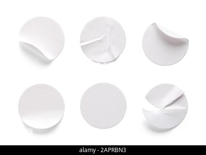 Round White Sticky Tags Isolated on White Background. Stock Photo