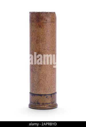 Old Cardboard Shotgun Shell Isolated on White Background. Stock Photo