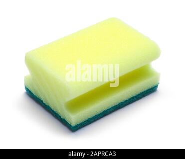 Yellow and Green Cleaning Sponge Isolated on White. Stock Photo