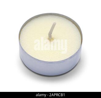 Small Round Tea Light Candle Isolated on White Background. Stock Photo
