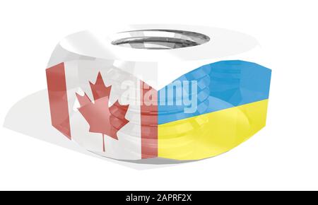 Business communication concept in industrial design. Canada and Ukraine business cooperation. National flags on silver metal nut. 3D rendering Stock Photo