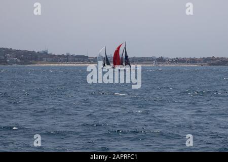 Bondi Beach backdrop for yachts sailing at the start of the Rolex Sydney Hobart Yacht Race 2019. Stock Photo