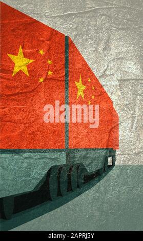 Train Freight transportation. Cargo transit. Container textured by flag of the China Stock Photo
