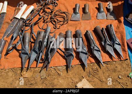 Iron made agricultural working tools on the local market of Bonga, in Kaffa Region, Ethiopia