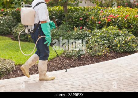 Pest control technician using portable spray rig Stock Photo