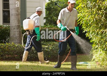 Pest control technicians using portable spray rig on tree and grass environment Stock Photo