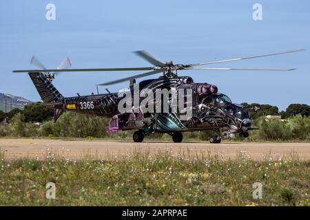 ZARAGOZA, SPAIN - MAY 20,2016: Special painted Czech Republic Air Force Mil Mi-24 Hind attack helicopter taxiing on Zaragoza airbase. Stock Photo