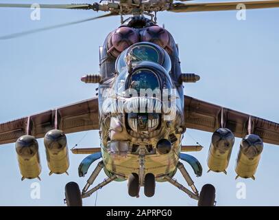 ZARAGOZA, SPAIN - MAY 20,2016: Special painted Czech Republic Air Force Mil Mi-24 Hind attack helicopter arriving on Zaragoza airbase. Stock Photo