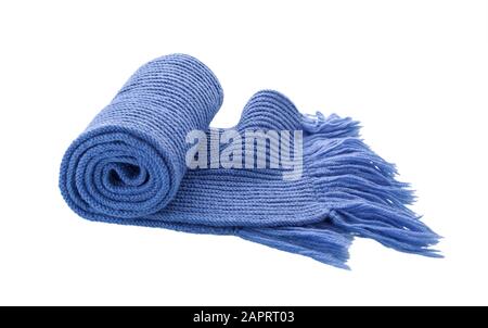 Blue knitted scarf isolated on white background. Winter scarf with fringe. Stock Photo