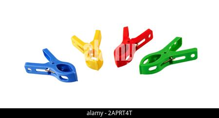 Colored plastic clothespins or clothes peg isolated on white background Stock Photo