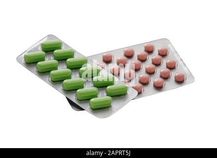 Pills medicine isolated on white background. Blister packaging with pills, tablets. Stock Photo