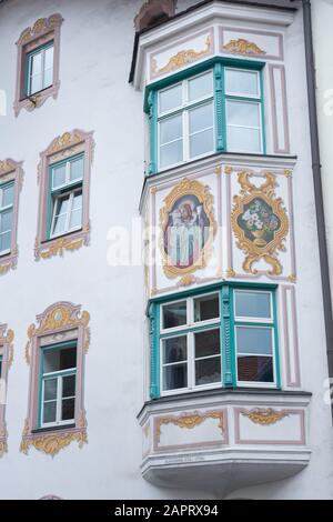 Facade of a house in traditional Tirol style in the town of Matrei am Brenner, Austria Stock Photo