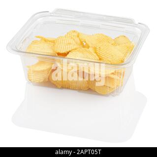 corrugated chips in a disposable food container, isolated on white with clipping path Stock Photo