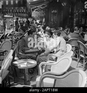 Students at the University of Paris (Sorbonne)  A terrace in Paris, with students Date: 1948 Location: France, Paris Keywords: students, terraces Stock Photo
