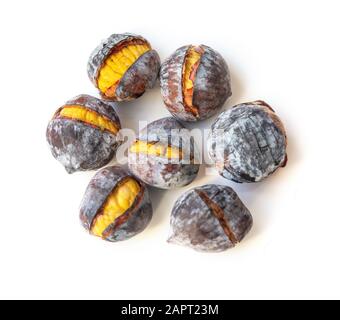 Bunch of roasted chestnuts on white background Stock Photo