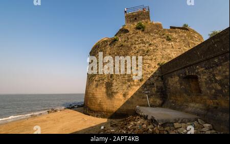 Diu, India - December 2018: The exterior ramparts and facade of the colonial architecture of the Portuguese era fort in Diu Island. Stock Photo