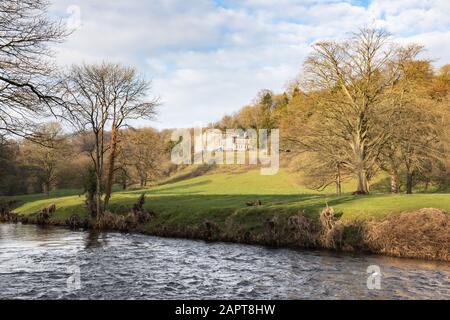 Cromford, Derbyshire, UK: Willersley Castle Hotel, a Grade II* listed building built for Sir Richard Arkwright, overlooking the River Derwent. Stock Photo