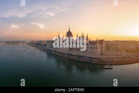 Europe Hungary Budapesr Cityscape. Parlimanet buildin. Danube river. Morning. Aerial Stock Photo