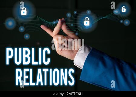 Text sign showing Public Relations. Business photo text state of the relationship between the public and a company Stock Photo