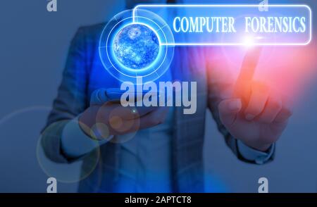 Word writing text Computer Forensics. Business photo showcasing the investigative analysis techniques on computers Elements of this image furnished by Stock Photo
