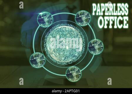 Word writing text Paperless Office. Business photo showcasing work environment in which the use of paper is eliminated Elements of this image furnishe Stock Photo