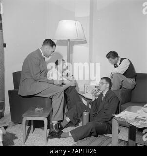 Middle East 1950-1955: Lebanon  Men listening at the radio Date: 1950 Location: Lebanon Keywords: men, radio Stock Photo