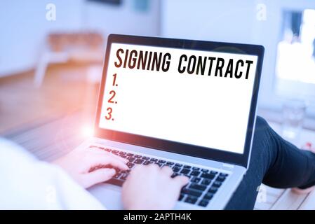 Conceptual hand writing showing Signing Contract. Concept meaning the parties signing the document agree to the terms Stock Photo