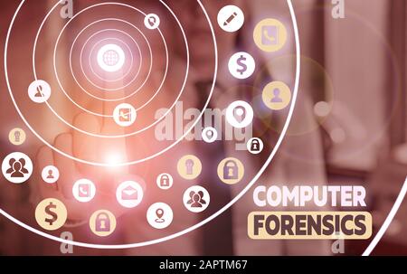 Conceptual hand writing showing Computer Forensics. Concept meaning the investigative analysis techniques on computers Stock Photo