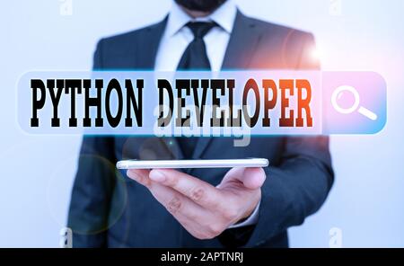 Conceptual hand writing showing Python Developer. Concept meaning responsible for writing serverside web application logic Male human wear formal work Stock Photo