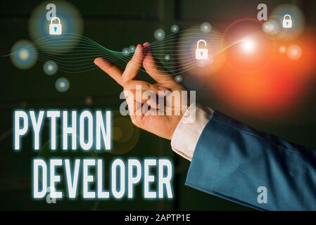 Text sign showing Python Developer. Business photo text responsible for writing serverside web application logic Stock Photo