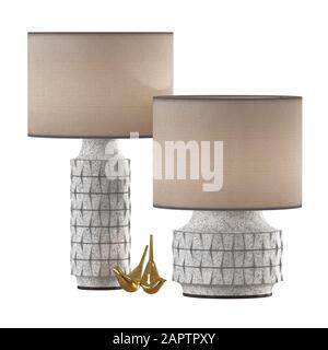 Two table lamps and two golden decor birds isolated background 3d rendering Stock Photo