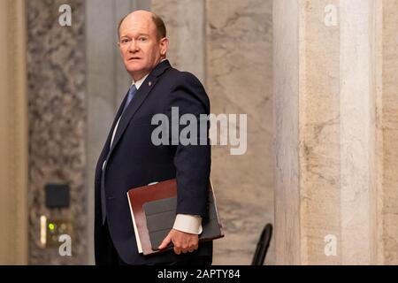 Washington DC, USA. 24th Jan, 2020. U.S. Sen. Chris Coons (D-DE) enters the U.S Capitol during the 4th day of President Trump's impeachment trial in the Senate in Washington, DC on Friday, January 24, 2020. Trump is facing two articles of impeachment; abuse of power and obstruction of congress. Credit: UPI/Alamy Live News Stock Photo