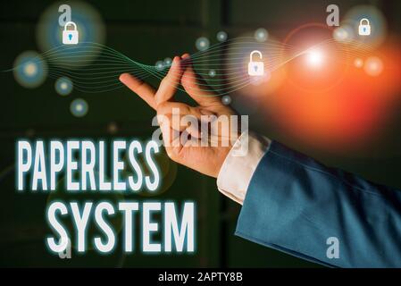 Text sign showing Paperless System. Business photo text storage or communication of information in electronic form Stock Photo