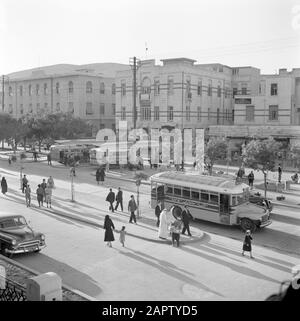 Middle East 1950-1955: Syria - Damascus  Jamal Pasha street also known as Avenue de la victoire Date: 1950 Location: Damascus, Syria Keywords: buses, buildings, street sculptures, pedestrians Stock Photo