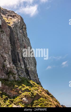 Stanley, Tasmania, Australia - December 15, 2009: Land side ofThe Nut volcanic plug under blue cloudscape. Stock Photo