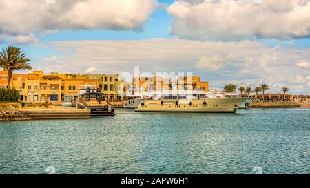 Luxory moror yachts at the Abu Tig Marina in el Gouna, Egypt, January 11, 2020