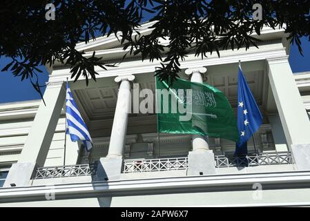 Athens, Greece. 24th Jan, 2020. Flags of Greece (left), of Saudi Arabia (centre) and of EU (right) in the building of Greek Ministry of Foreign Affairs. (Photo by Dimitrios Karvountzis/Pacific Press) Credit: Pacific Press Agency/Alamy Live News Stock Photo